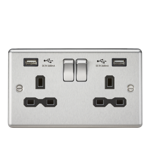 Knightsbridge CL9224BC 13A 2G DP Switched Socket With Black Inserts- USB Rounded Edge Brushed Chrome - Grey insert Socket - With USB Knightsbridge - Sparks Warehouse