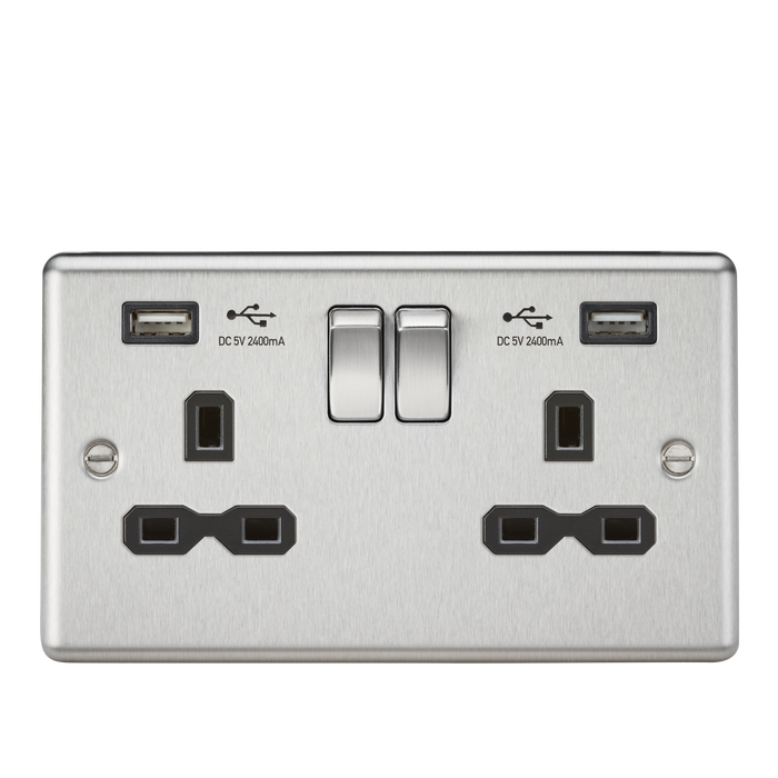 Knightsbridge CL9224BC 13A 2G DP Switched Socket With Black Inserts- USB Rounded Edge Brushed Chrome - Grey insert Socket - With USB Knightsbridge - Sparks Warehouse