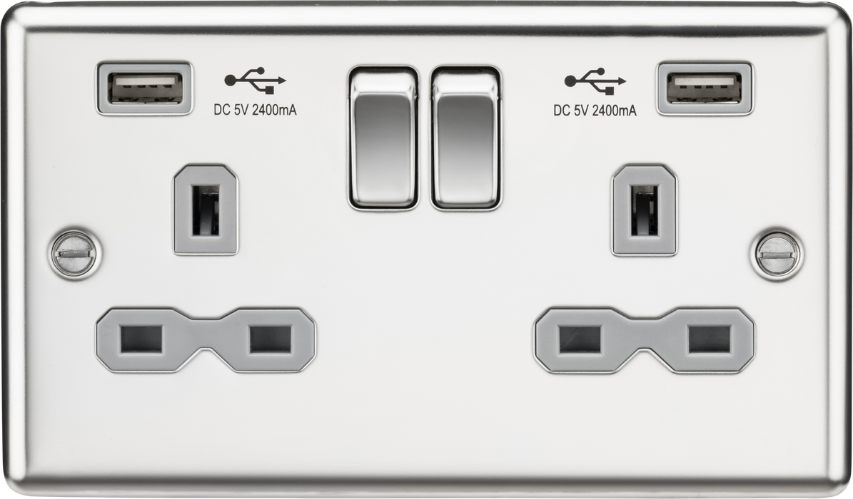 Knightsbridge CL9224PCG 13A 2G DP Switched Socket - USB Rounded Edge Polished Chrome - Grey insert Double Pole Socket Knightsbridge - Sparks Warehouse