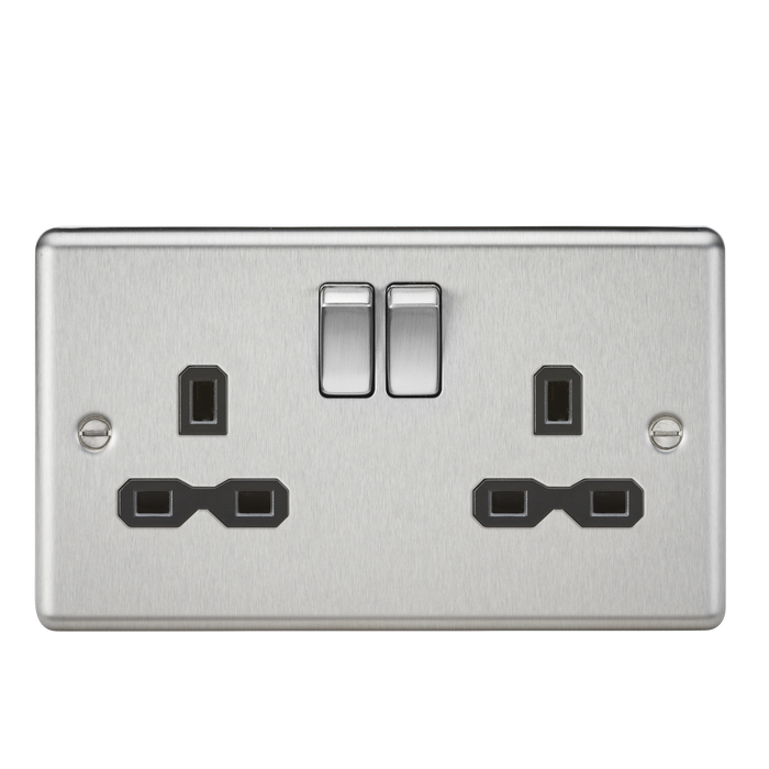 Knightsbridge CL9BC 13A 2G DP Switched Socket Rounded Edge Brushed Chrome - Black inserts Double Pole Socket Knightsbridge - Sparks Warehouse