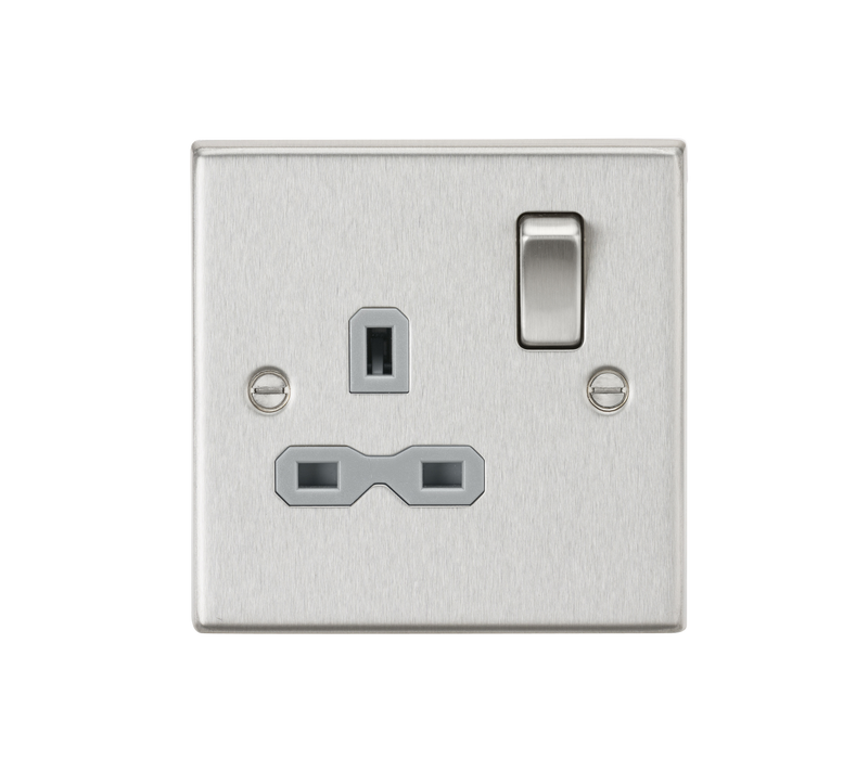 Knightsbridge CS7BCG 13A 1G DP Switched Socket with Grey Insert - Square Edge Brushed Chrome Double Pole Socket Knightsbridge - Sparks Warehouse