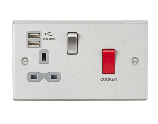 Knightsbridge CS8333UBCG 45A DP Switch & 13A Switched Socket with Dual USB Charger 2.4A - Brushed Chrome with grey insert Cooker Control Unit Knightsbridge - Sparks Warehouse