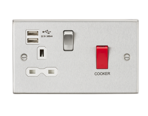 Knightsbridge CS8333UBCW 45A DP Switch & 13A Switched Socket with Dual USB Charger 2.4A - Brushed Chrome with white insert Cooker Control Unit Knightsbridge - Sparks Warehouse
