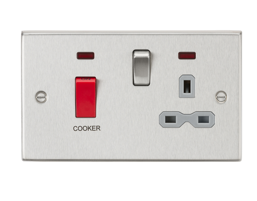 Knightsbridge CS83BCG 45A DP Cooker Switch & 13A Switched Socket with Neons & Grey Insert - Square Edge Brushed Chrome Cooker Control Unit Knightsbridge - Sparks Warehouse