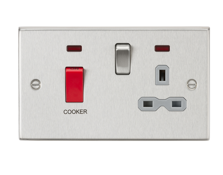 Knightsbridge CS83BCG 45A DP Cooker Switch & 13A Switched Socket with Neons & Grey Insert - Square Edge Brushed Chrome Cooker Control Unit Knightsbridge - Sparks Warehouse