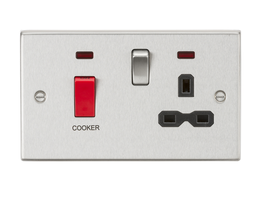 Knightsbridge CS83BC 45A DP Cooker Switch & 13A Switched Socket with Neons & Black Insert - Square Edge Brushed Chrome Cooker Control Unit Knightsbridge - Sparks Warehouse