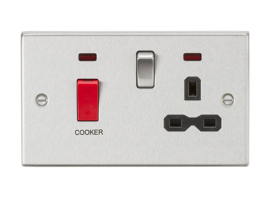 Knightsbridge CS83BC 45A DP Cooker Switch & 13A Switched Socket with Neons & Black Insert - Square Edge Brushed Chrome Cooker Control Unit Knightsbridge - Sparks Warehouse