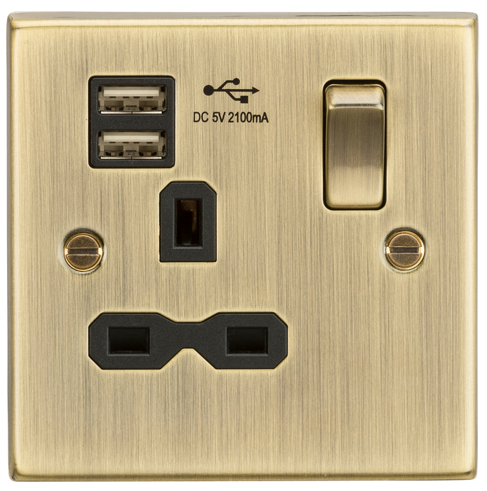 Knightsbridge CS9124AB 13A 1G DP Switched Socket, Dual USB - Square Edge Antique Brass Socket - With USB Knightsbridge - Sparks Warehouse