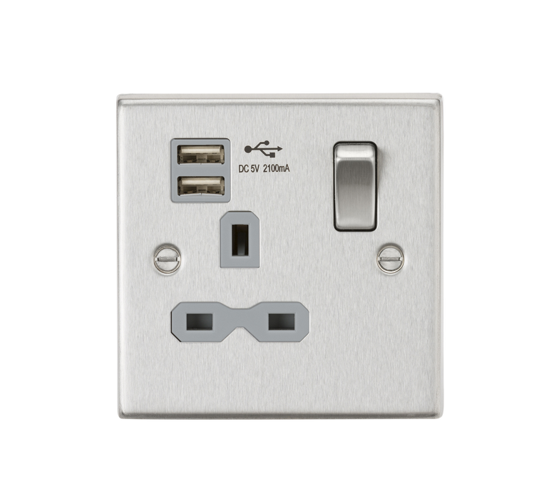 Knightsbridge CS91BCG 13A 1G Switched Socket Dual USB Charger (2.1A) with Grey Insert - Square Edge Brushed Chrome Socket - With USB Knightsbridge - Sparks Warehouse