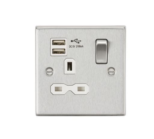 Knightsbridge CS91BCW 13A 1G Switched Socket Dual USB Charger (2.1A) with White Insert - Square Edge Brushed Chrome Double Pole Socket Knightsbridge - Sparks Warehouse