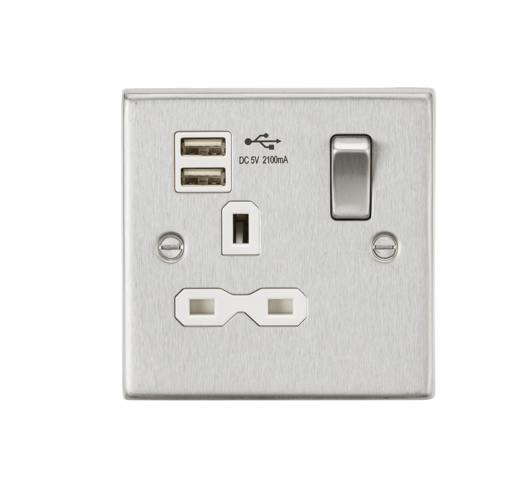 Knightsbridge CS91BCW 13A 1G Switched Socket Dual USB Charger (2.1A) with White Insert - Square Edge Brushed Chrome Double Pole Socket Knightsbridge - Sparks Warehouse