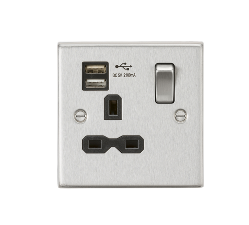 Knightsbridge CS91BC 13A 1G Switched Socket Dual USB Charger (2.1A) with Black Insert - Square Edge Brushed Chrome Socket - With USB Knightsbridge - Sparks Warehouse