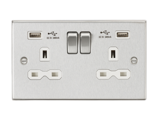 Knightsbridge CS9224BCW 13A 2G Switched Socket Dual USB Charger (2.4A) with White Insert - Square Edge Brushed Chrome Socket - With USB Knightsbridge - Sparks Warehouse