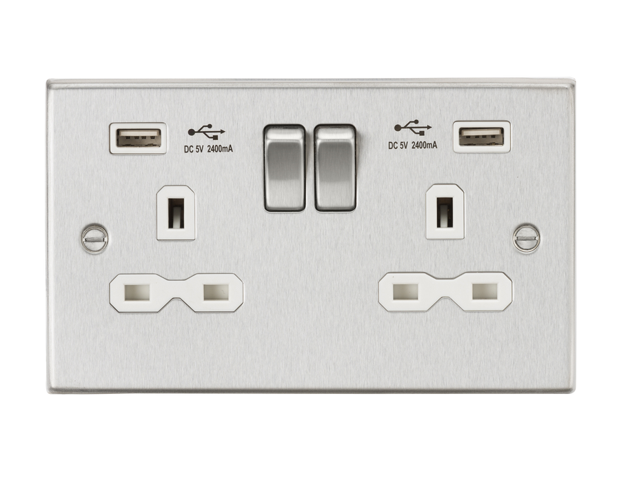 Knightsbridge CS9224BCW 13A 2G Switched Socket Dual USB Charger (2.4A) with White Insert - Square Edge Brushed Chrome Socket - With USB Knightsbridge - Sparks Warehouse