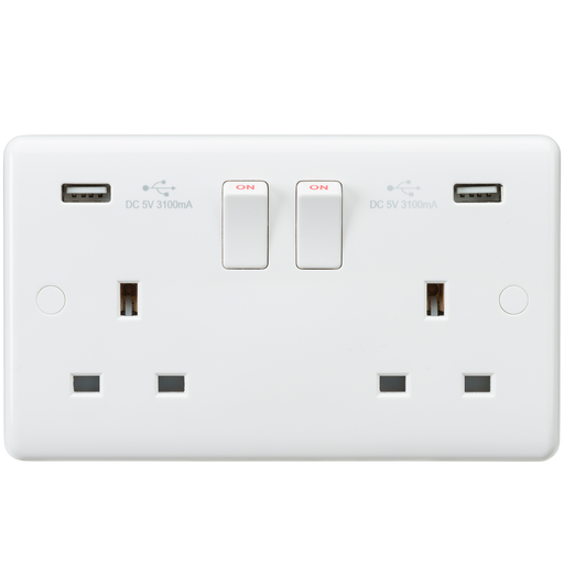 Knightsbridge CU9904 - Curved edge 13A 2G switched socket with dual USB charger (5V DC 3.1A shared) Socket - With USB Knightsbridge - Sparks Warehouse