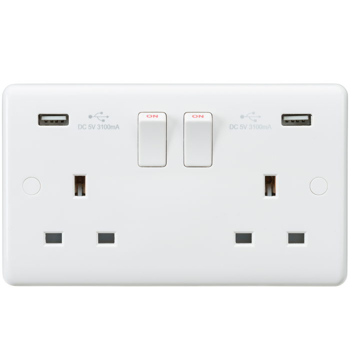 Knightsbridge CU9904 - Curved edge 13A 2G switched socket with dual USB charger (5V DC 3.1A shared) Socket - With USB Knightsbridge - Sparks Warehouse