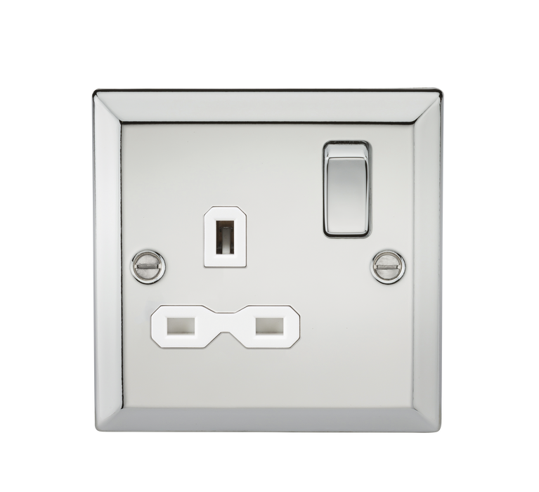 Knightsbridge CV7PCW 13A 1G DP Switched Socket with White Insert - Bevelled Edge Polished Chrome Knightsbridge Polished Chrome Bevelled Knightsbridge - Sparks Warehouse