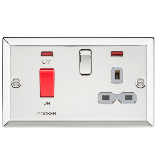 Knightsbridge CV83PCG 45A DP Cooker Switch & 13A Switched Socket with Neons & Grey Insert - Bevelled Edge Polished Chrome Knightsbridge Polished Chrome Bevelled Knightsbridge - Sparks Warehouse