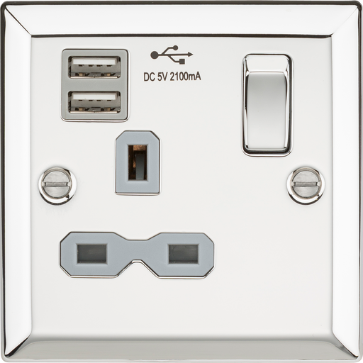 Knightsbridge CV91PCG 13A 1G Switched Socket Dual USB Charger Slots with Grey Insert - Bevelled Edge Polished Chrome Knightsbridge Polished Chrome Bevelled Knightsbridge - Sparks Warehouse