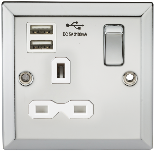 Knightsbridge CV91PCW 13A 1G Switched Socket Dual USB Charger Slots with White Insert - Bevelled Edge Polished Chrome Knightsbridge Polished Chrome Bevelled Knightsbridge - Sparks Warehouse