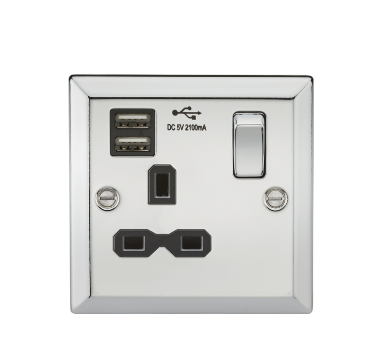 Knightsbridge CV91PC 13A 1G Switched Socket Dual USB Charger Slots with Black Insert - Bevelled Edge Polished Chrome Knightsbridge Polished Chrome Bevelled Knightsbridge - Sparks Warehouse