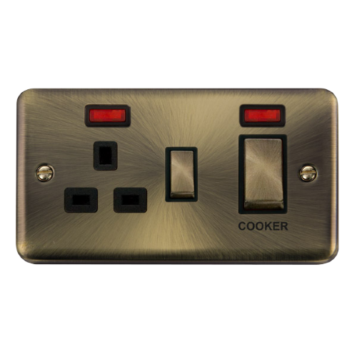 Scolmore DPAB505BK - 45A Ingot 2 Gang DP Switch With 13A DP Switched Socket + Neons - Black Deco Plus Scolmore - Sparks Warehouse