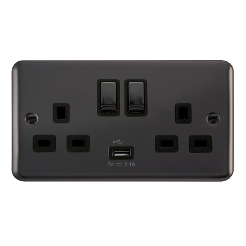 Scolmore DPBN570BK - 13A Ingot 2 Gang Switched Socket With 2.1A USB Outlet (Twin Earth) - Black Deco Plus Scolmore - Sparks Warehouse