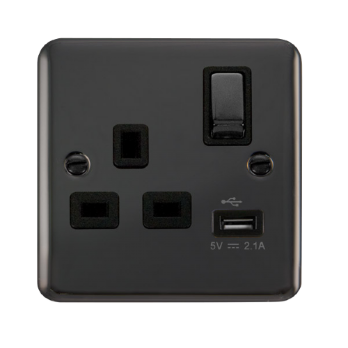 Scolmore DPBN571BK - 13A Ingot 1 Gang Switched Socket With 2.1A USB Outlet - Black Deco Plus Scolmore - Sparks Warehouse
