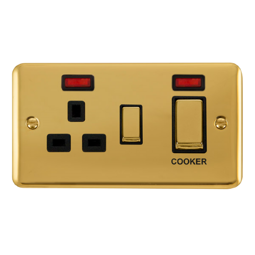 Scolmore DPBR505BK - 45A Ingot 2 Gang DP Switch With 13A DP Switched Socket + Neons - Black Deco Plus Scolmore - Sparks Warehouse