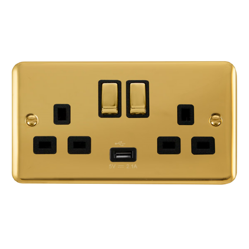Scolmore DPBR570BK - 13A Ingot 2 Gang Switched Socket With 2.1A USB Outlet (Twin Earth) - Black Deco Plus Scolmore - Sparks Warehouse
