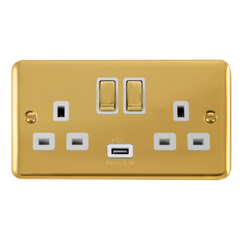 Scolmore DPBR570WH - 13A Ingot 2 Gang Switched Socket With 2.1A USB Outlet (Twin Earth) - White Deco Plus Scolmore - Sparks Warehouse