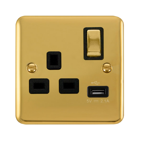Scolmore DPBR571BK - 13A Ingot 1 Gang Switched Socket With 2.1A USB Outlet - Black Deco Plus Scolmore - Sparks Warehouse