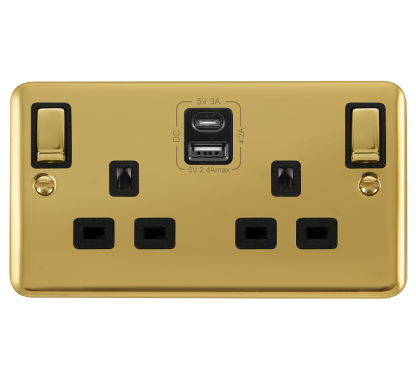 Scolmore DPBR586BK Deco Plus Polished Brass 2g 13a Sw Skt 4.2a A&c Usb Ingot Dpbr Bk  Scolmore - Sparks Warehouse