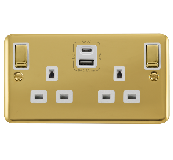 Scolmore DPBR586WH Deco Plus Polished Brass 2g 13a Sw Skt 4.2a A&c Usb Ingot Dpbr Wh  Scolmore - Sparks Warehouse