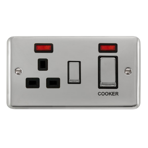 Scolmore DPCH505BK - 45A Ingot 2 Gang DP Switch With 13A DP Switched Socket + Neons - Black Deco Plus Scolmore - Sparks Warehouse