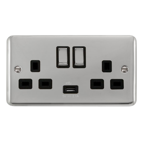 Scolmore DPCH570BK - 13A Ingot 2 Gang Switched Socket With 2.1A USB Outlet (Twin Earth) - Black Deco Plus Scolmore - Sparks Warehouse