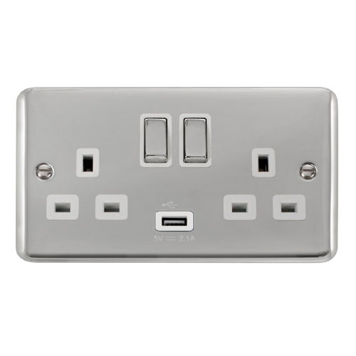 Scolmore DPCH570WH - 13A Ingot 2 Gang Switched Socket With 2.1A USB Outlet (Twin Earth) - White Deco Plus Scolmore - Sparks Warehouse