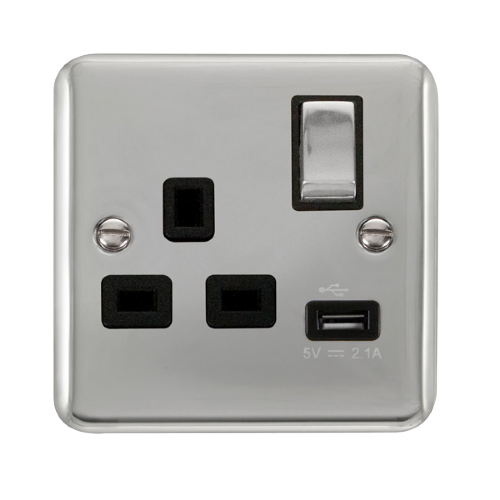 Scolmore DPCH571BK - 13A Ingot 1 Gang Switched Socket With 2.1A USB Outlet - Black Deco Plus Scolmore - Sparks Warehouse