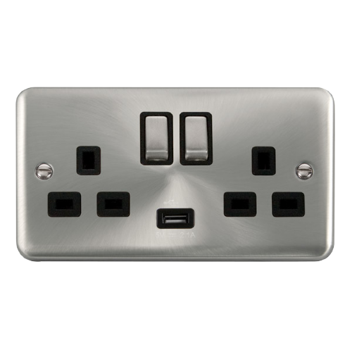 Scolmore DPSC570BK - 13A Ingot 2 Gang Switched Socket With 2.1A USB Outlet (Twin Earth) - Black Deco Plus Scolmore - Sparks Warehouse
