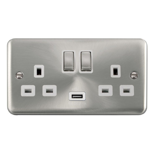 Scolmore DPSC570WH - 13A Ingot 2 Gang Switched Socket With 2.1A USB Outlet (Twin Earth) - White Deco Plus Scolmore - Sparks Warehouse