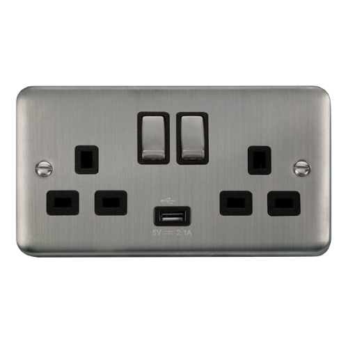 Scolmore DPSS570BK - 13A Ingot 2 Gang Switched Socket With 2.1A USB Outlet (Twin Earth) - Black Deco Plus Scolmore - Sparks Warehouse
