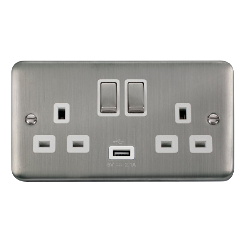 Scolmore DPSS570WH - 13A Ingot 2 Gang Switched Socket With 2.1A USB Outlet (Twin Earth) - White Deco Plus Scolmore - Sparks Warehouse