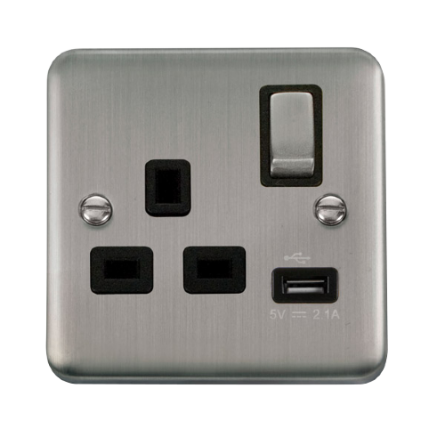 Scolmore DPSS571BK - 13A Ingot 1 Gang Switched Socket With 2.1A USB Outlet - Black Deco Plus Scolmore - Sparks Warehouse
