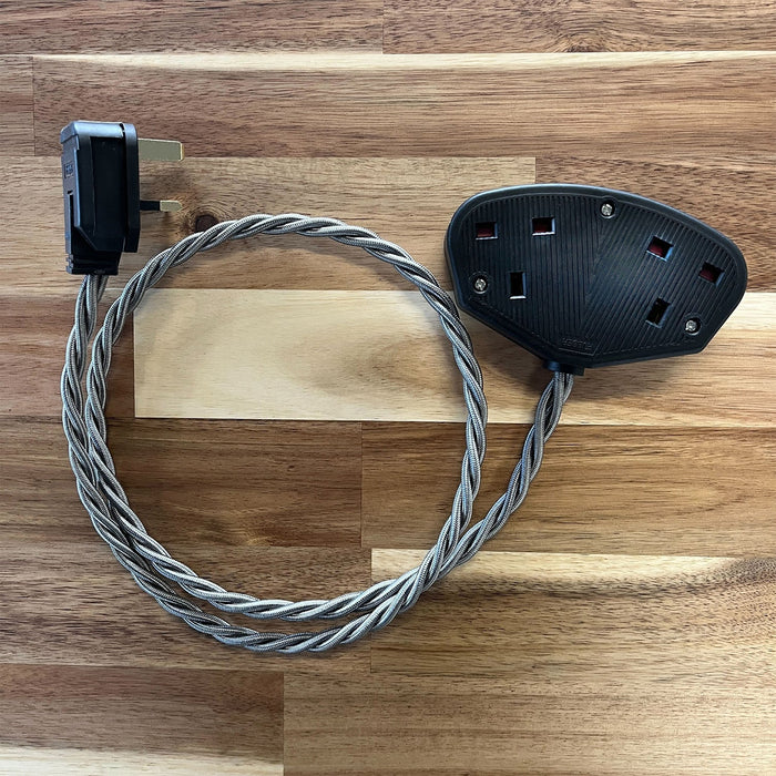 White / Grey / Black Braided Fabric Decorative Extension Lead - Black 2 Gang Trailing Socket