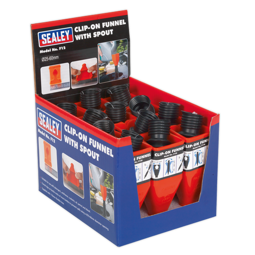 Sealey - F12 Clip-On Funnel with Spout - Display Box of 12 Lubrication Sealey - Sparks Warehouse