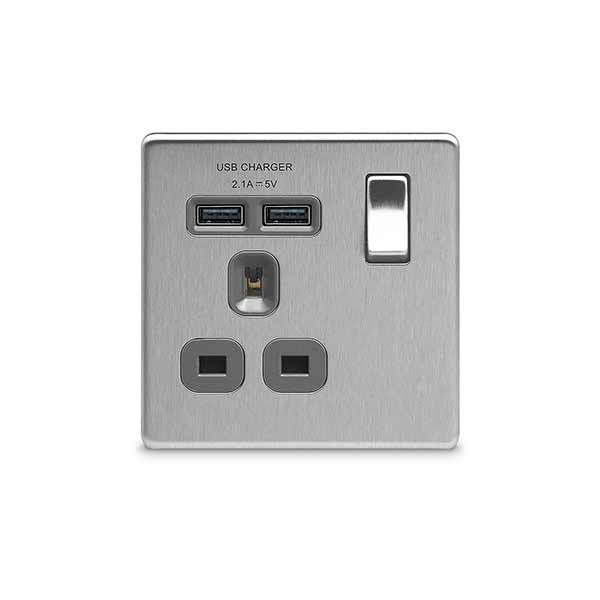 Bg FBS21U2G Screwless Flat Plate Brushed Steel 1G 13A Switched Socket with USB - Grey Insert - BG - Sparks Warehouse