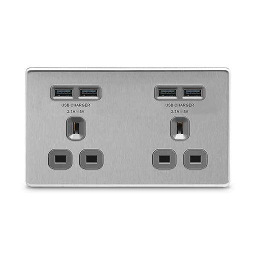 BG FBS24U44G Screwless Flat Plate Brushed Steel 2G Socket with 4 x USB - BG - Sparks Warehouse