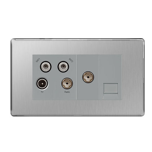 BG FBS69 Screwless Flat Plate Brushed Steel Quadplex TV/FM/SAT x 2 & Return & 1 Gang Tel - Screened - BG - sparks-warehouse
