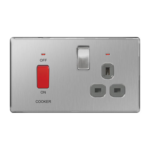 BG FBS70G Screwless Flat Plate Brushed Steel 45A Cooker Connection Unit Switched Socket Indicator - Grey Insert - BG - sparks-warehouse