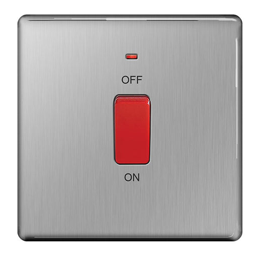 BG FBS74 SCREWLESS Flat Plate Brushed Steel 45A DP Cooker Switch With Neon - Single Plate - BG - sparks-warehouse